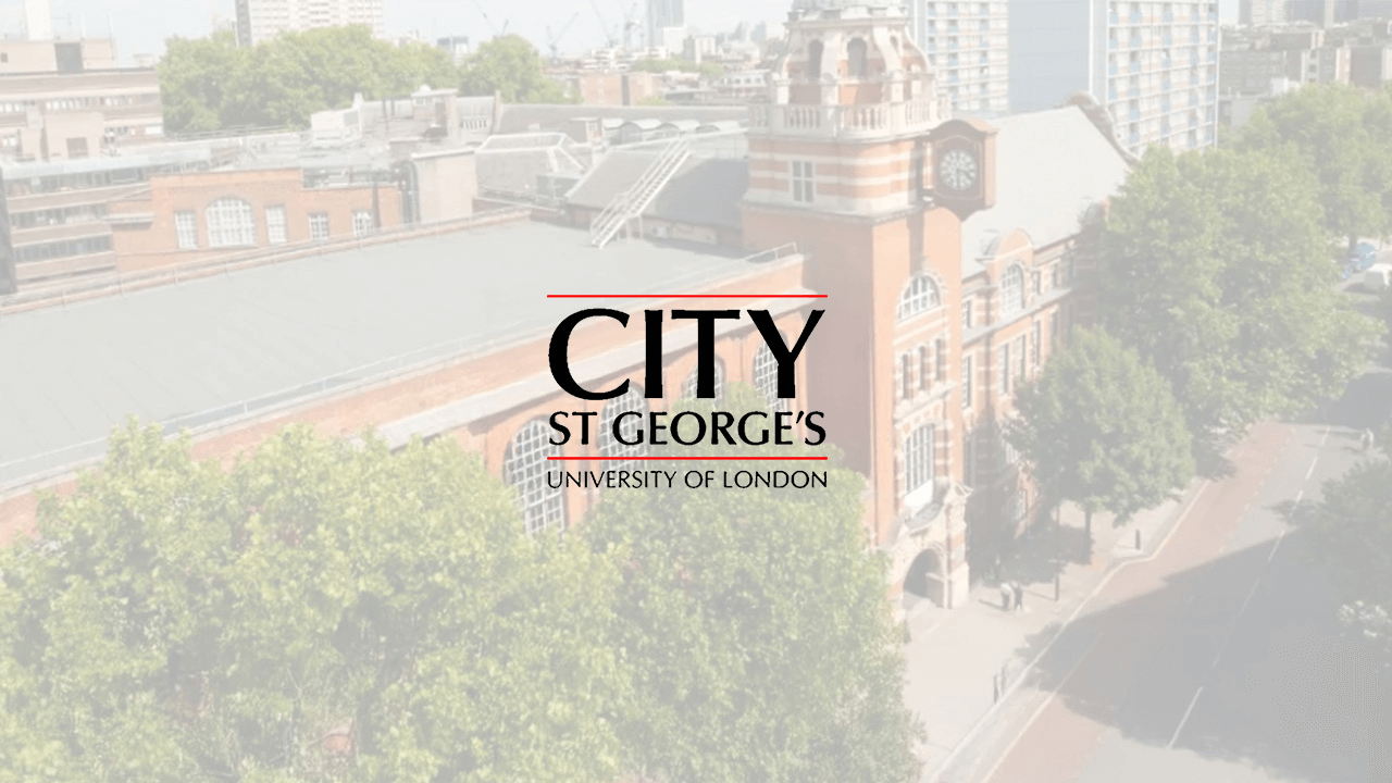 City St George's, University of London campus image and logo. Its importance in education is emphasized.